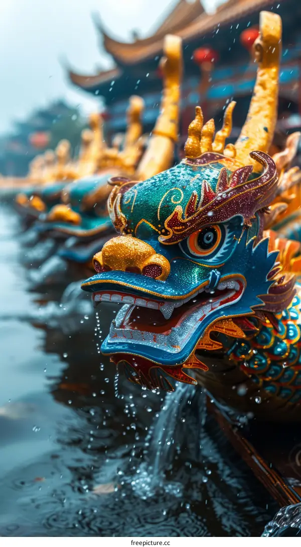 A close-up of a colorful and ornate dragon boat, with water splashing around it.