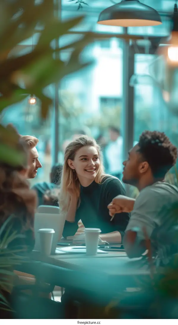 Multiethnic group of friends sitting in a cafe and talking