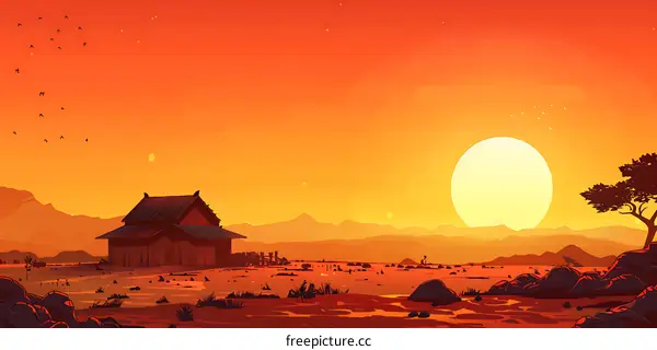 Sunset Over Mountains With Small House And Birds