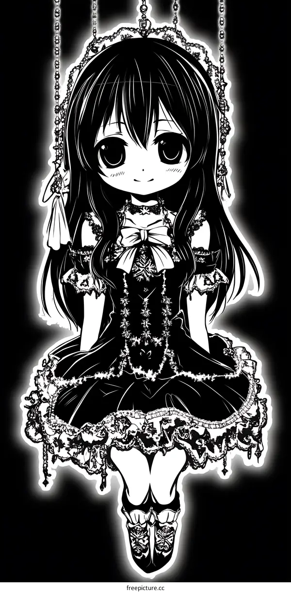 Black and White Anime Girl Illustration with a Chain