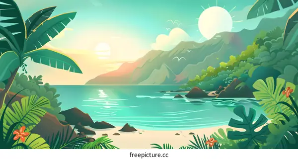 Tropical Beach Landscape Illustration with Lush Greenery and Calm Ocean