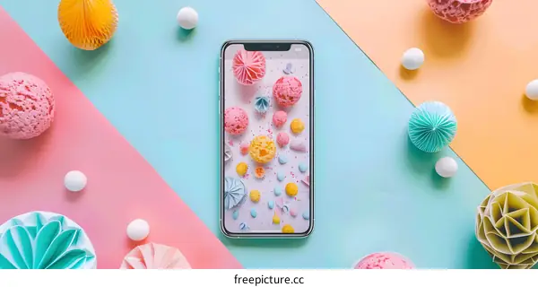 Colorful Paper Balls Around A Smartphone With A Patterned Screen