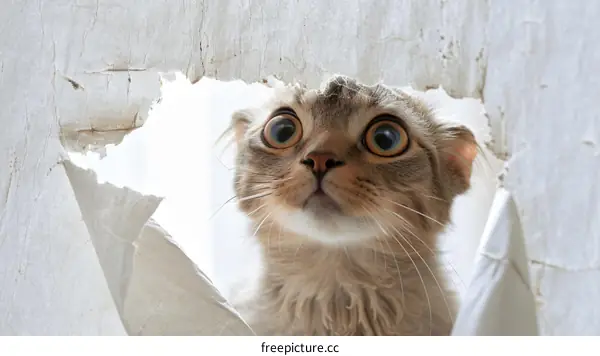 A cat peeks through a hole in the wall with wide eyes