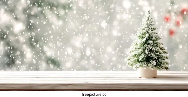 Snowy Christmas Tree on a Wooden Tabletop