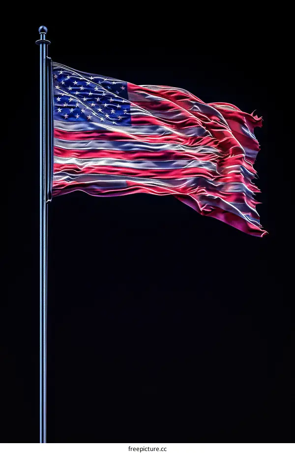 American flag waving in the wind at night