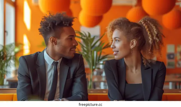 A young couple sitting on a couch and looking at each other