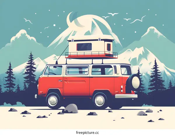 Vintage Camper Van in the Mountains with a Pop Art Style