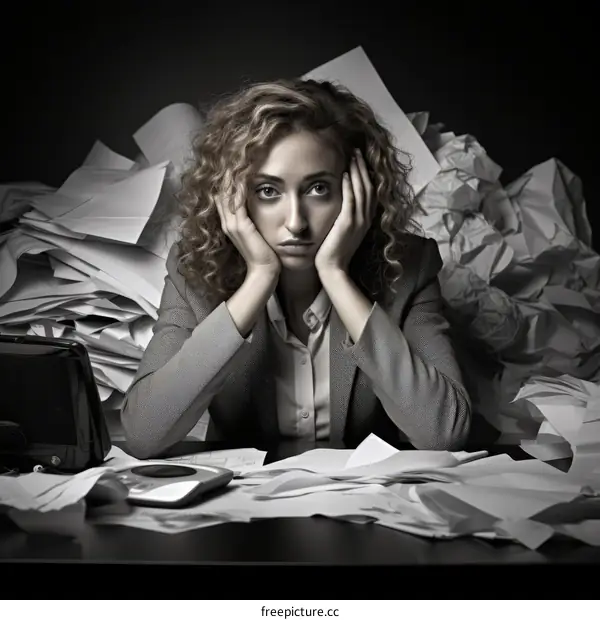 Young woman overwhelmed by paperwork