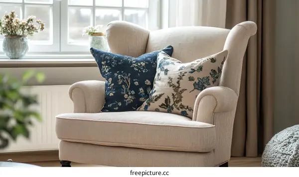 Cream Colored Wingback Chair with Decorative Pillows