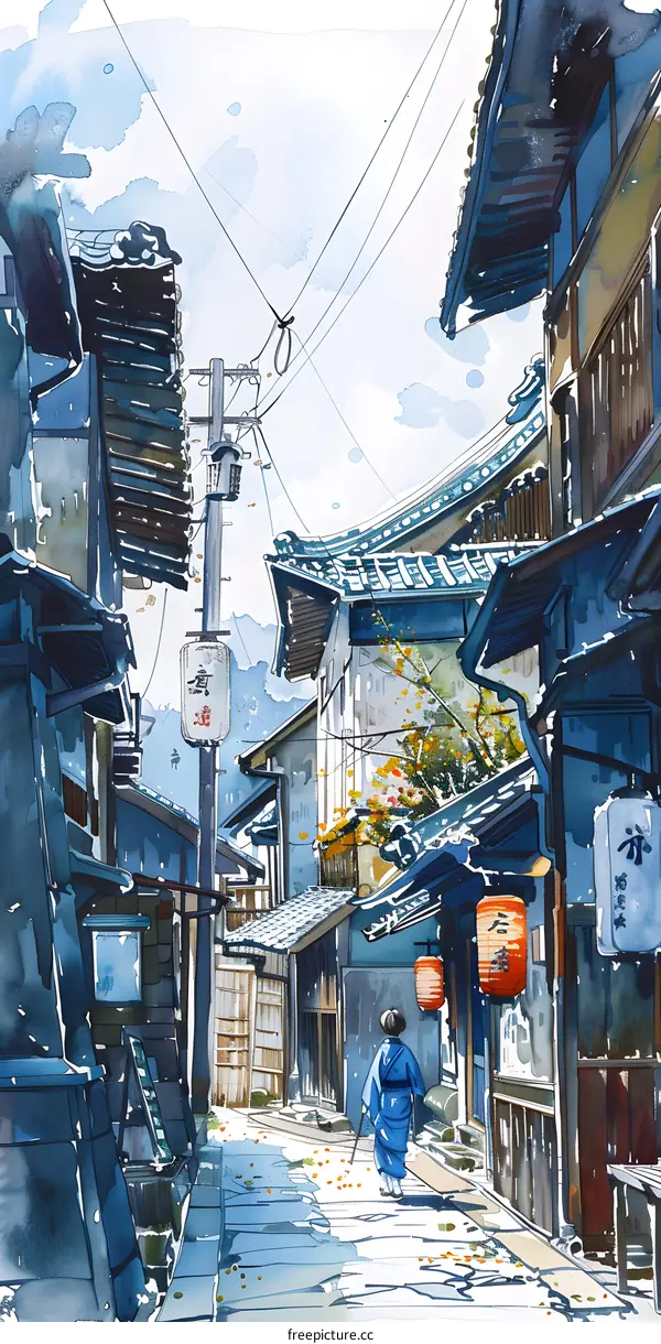 Watercolor Illustration of a Traditional Japanese Street Scene