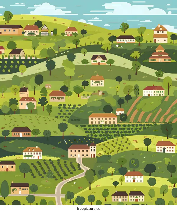 Illustrated Green Hills with Houses and Lush Vegetation