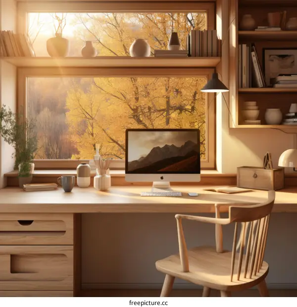 A wooden desk with a computer and a chair in front of a window