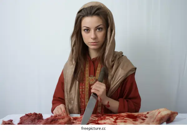 A young woman wearing a headscarf is holding a knife and cutting a piece of meat.