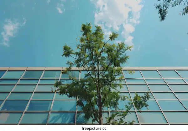 Green Tree Growing Against a Blue Sky and Building