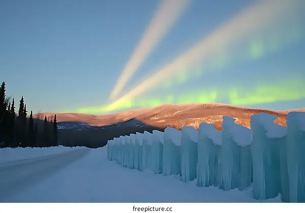 Aurora Borealis Display Over Snow Covered Mountains and Ice Sculptures