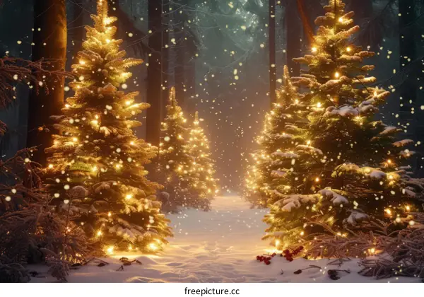 Christmas trees in a snowy forest