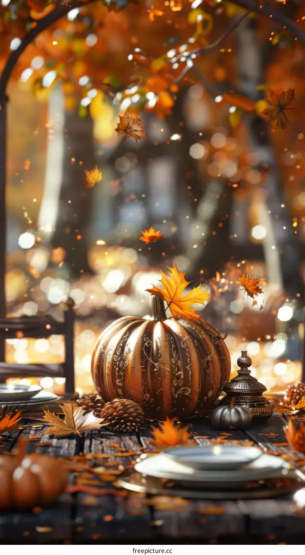 Autumn Thanksgiving Table Setting with Pumpkins and Leaves