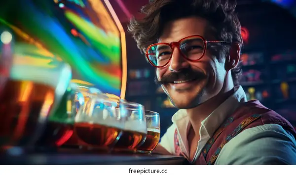Mustachioed man with red glasses at bar
