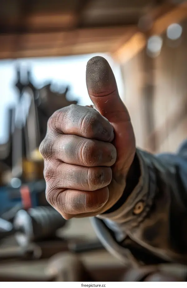 Thumbs up from a dirty hand