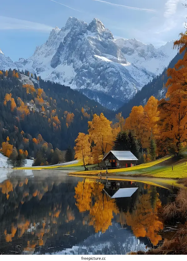Mountain hut by the lake surrounded by trees in autumn