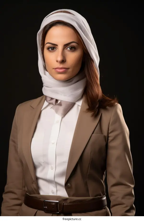 Portrait of a young woman wearing a headscarf and a suit