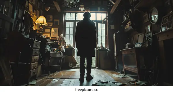 Sherlock Holmes standing in a room full of clutter