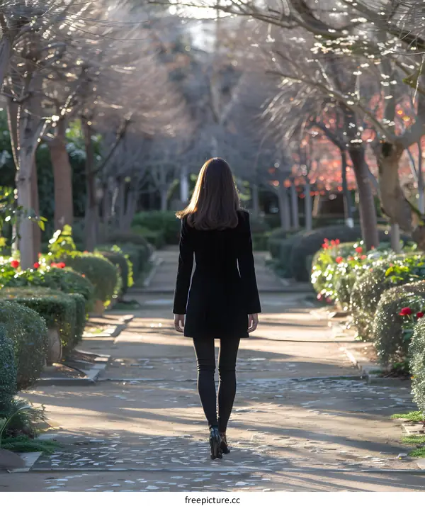 Woman in Black Walking Through a Garden Path
