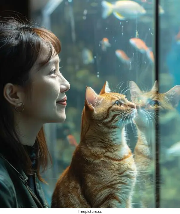 A ginger cat and a woman are looking at the fishes in an aquarium
