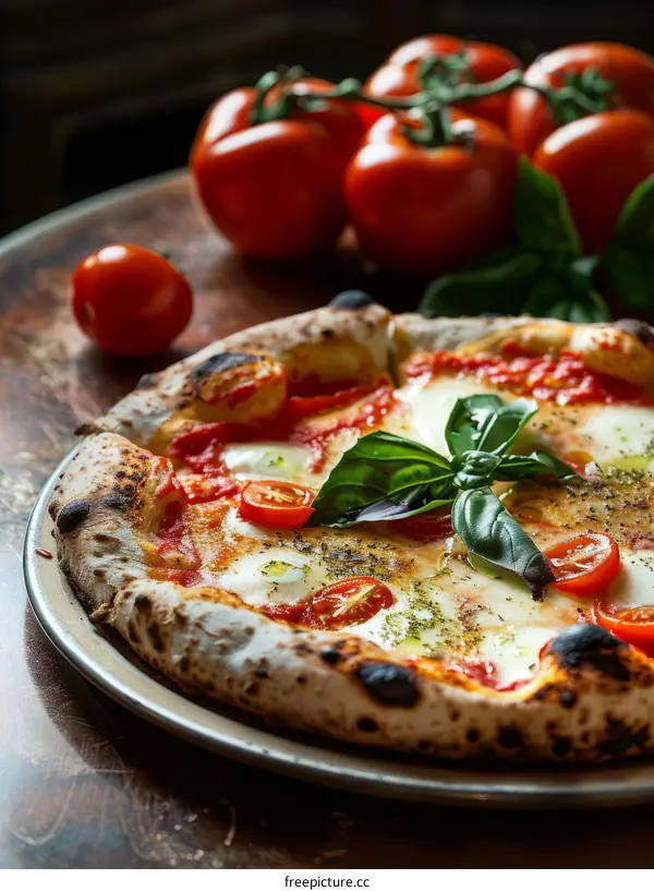 A mouthwatering pizza with fresh tomatoes and fragrant basil