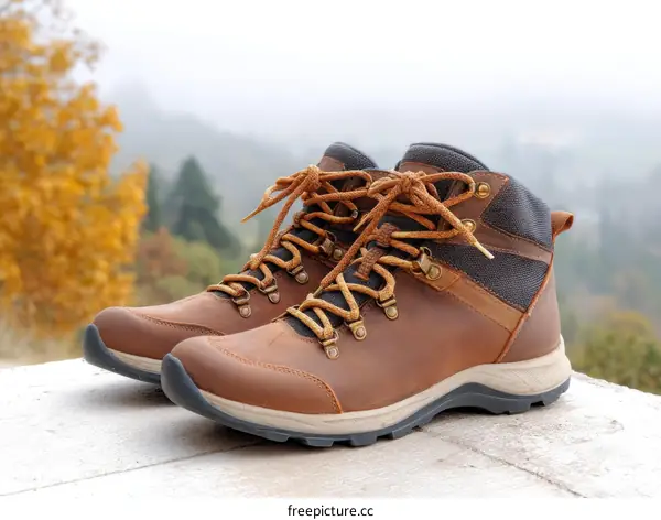 Pair of Brown Hiking Boots Outdoors
