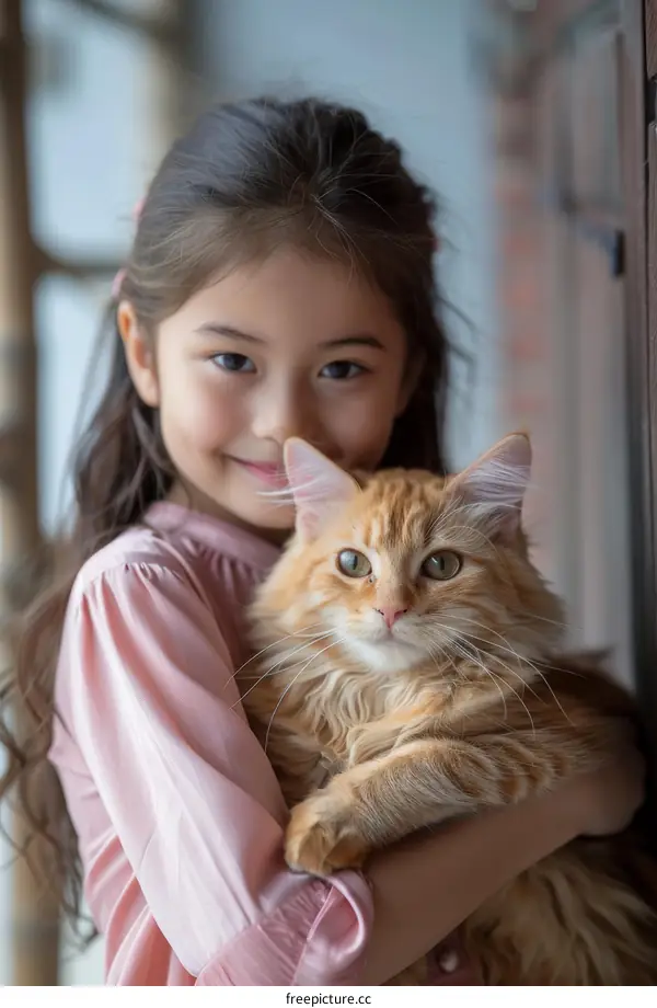 A girl hugging an orange cat