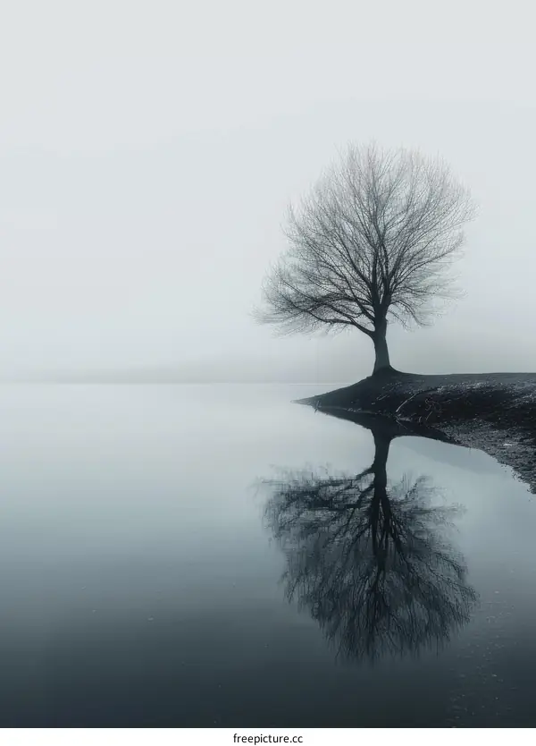 Tree branches reflected in lake water