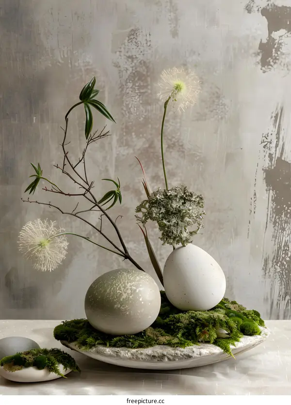 Green Moss and Eggs in a Stone Bowl