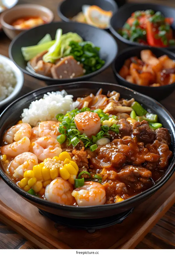 A delicious Korean dish with rice, shrimp, beef, corn and other ingredients