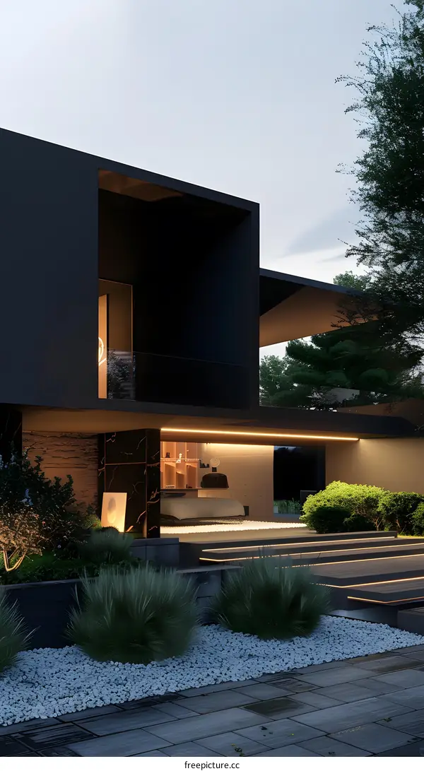 Modern Black House Exterior With White Gravel And Greenery