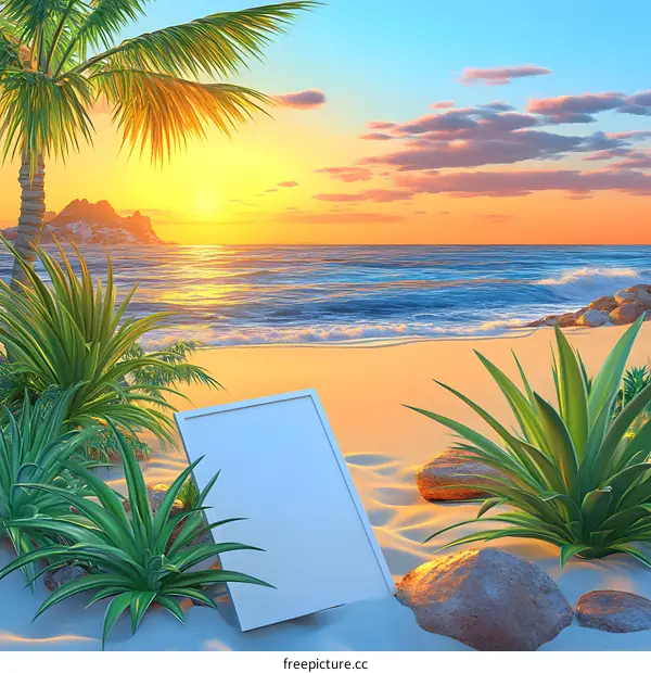 Tropical Beach Sunset with Blank Frame