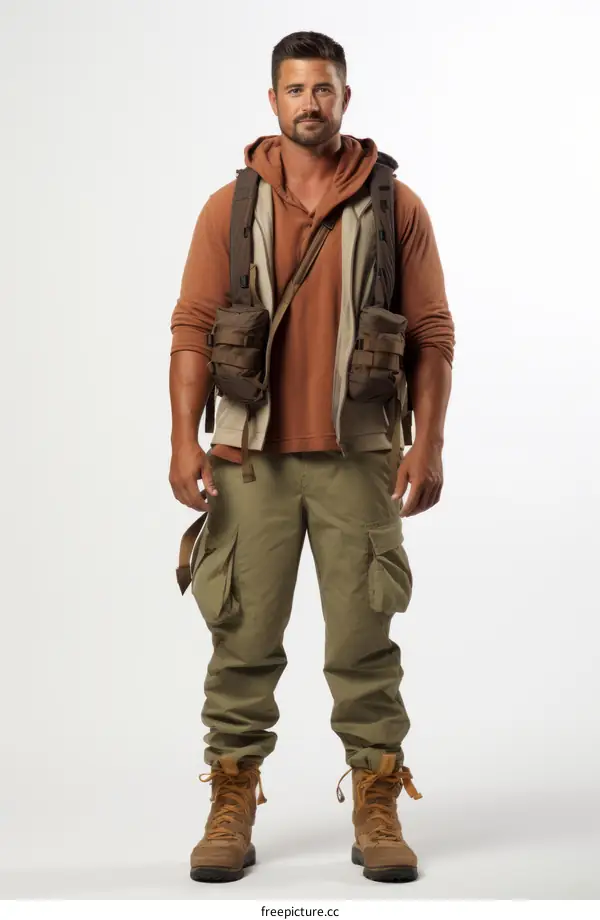 A man in a brown vest and green pants is standing in front of a white background.