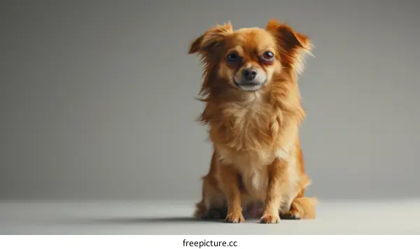A ginger dog with long hair is sitting on a gray background