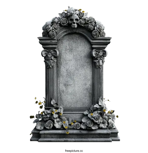 [Transparent Background PNG]Ornate Gray Stone Gravestone with Floral Design