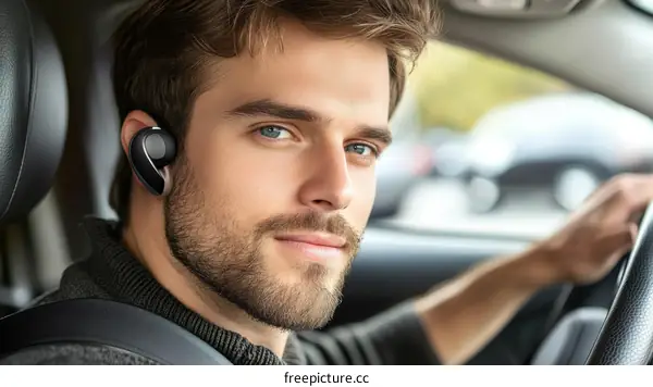 Caucasian Man Wearing Wireless Earbuds in Car