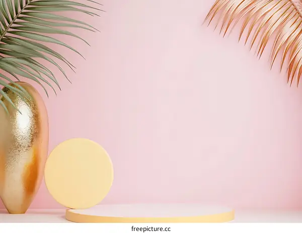 Minimalist  Pink Background With Gold and Yellow  Palm Leaf