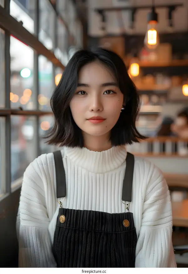 Young Asian Woman in a White Sweater and Overalls Looking at the Camera