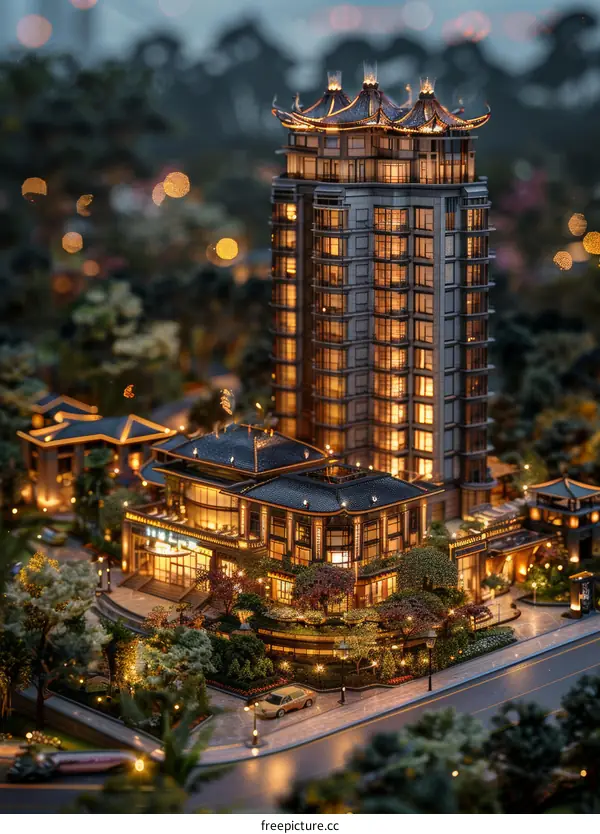 Detailed Architectural Model of a Chinese Hotel Complex at Night