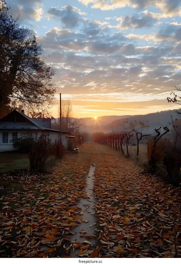 Rural house in the middle of autumn leaves