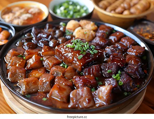 Closeup of Braised Pork in Black Bowl