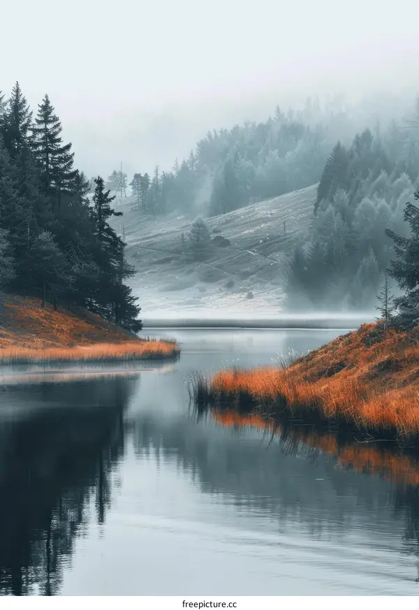 Misty lake in the mountains