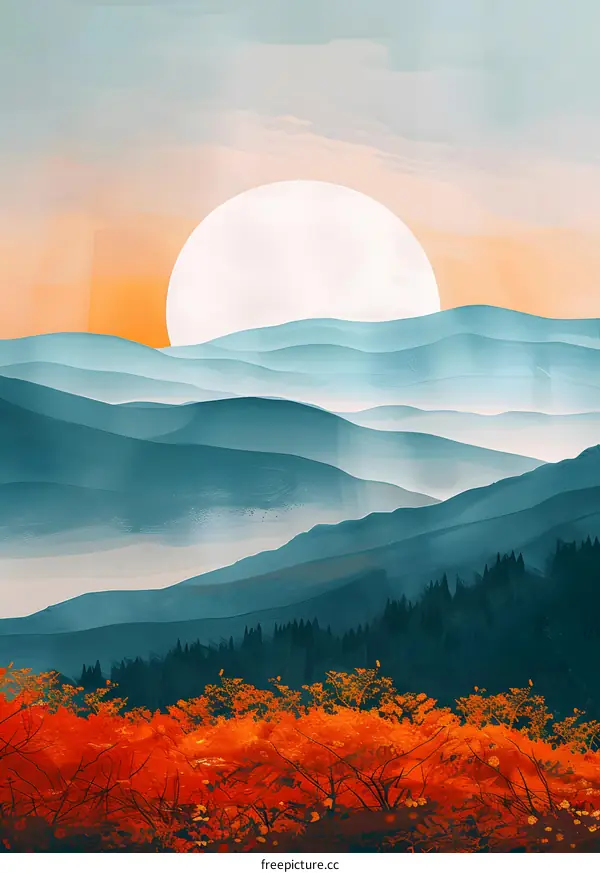 Abstract Watercolor Landscape Painting With Mountain and Sun