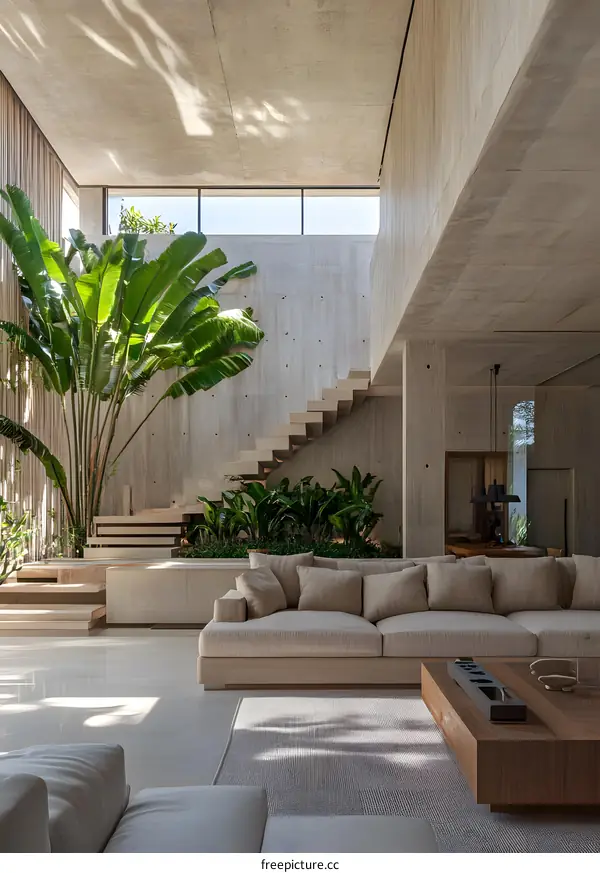 Modern Living Room Interior Design With Concrete Walls and Staircase