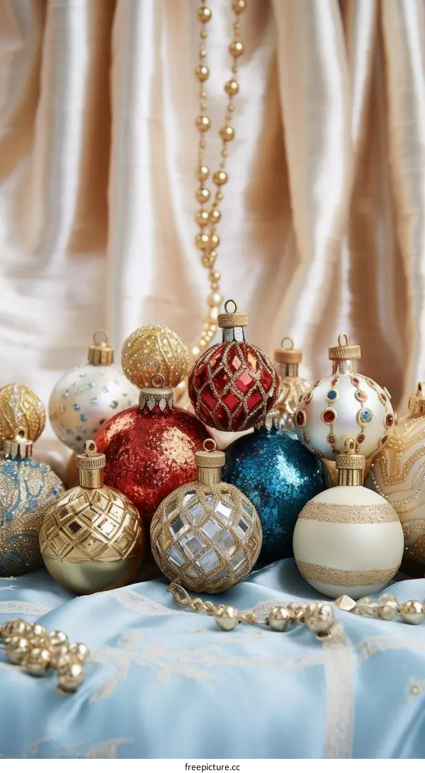 Ornaments and beads against a gold curtain