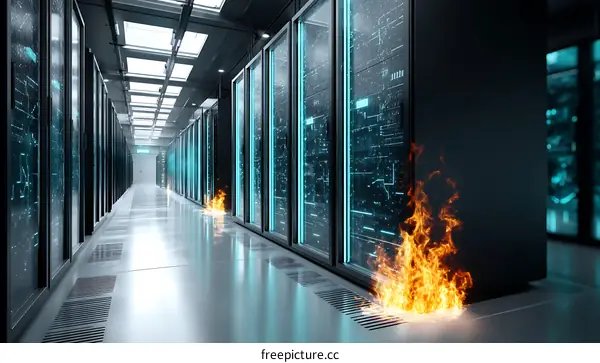Server Room Fire Disaster Illustration
